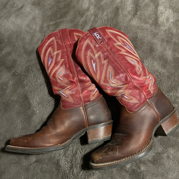 Tony Lama Shoes - Tony Lama Brown Leather Cowboy Boots with Red Shaft